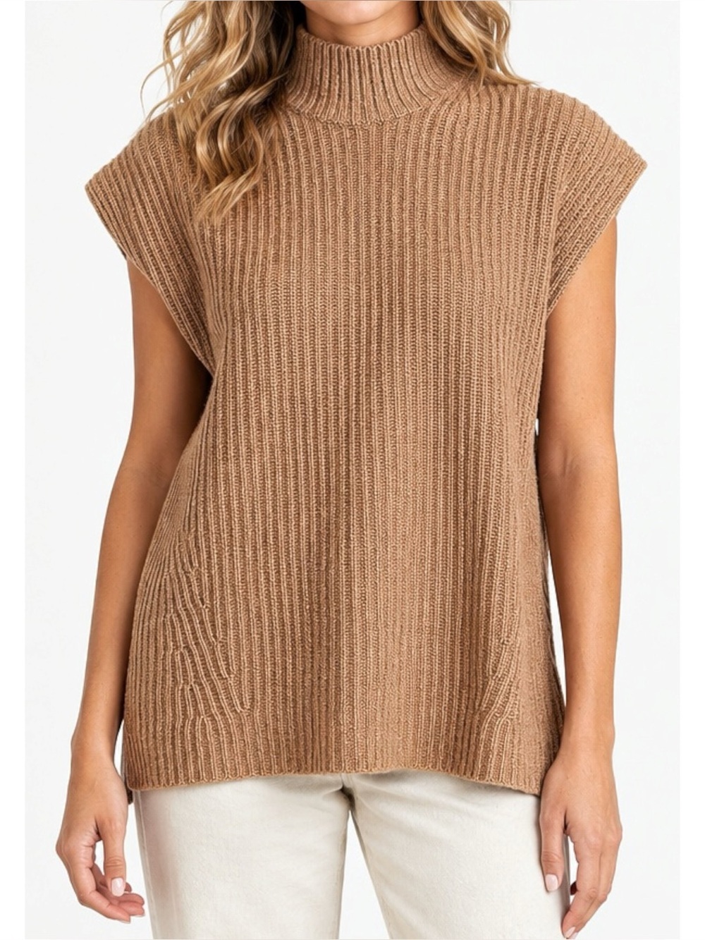 GANNI Rib Knit Mockneck Wool-Blend Sweater, Camel, Medium